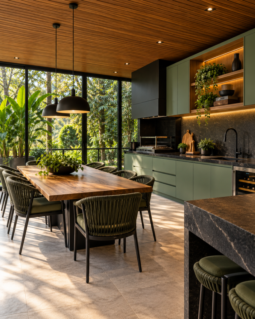 Ambiente gourmet com armários verdes, madeira e jardim