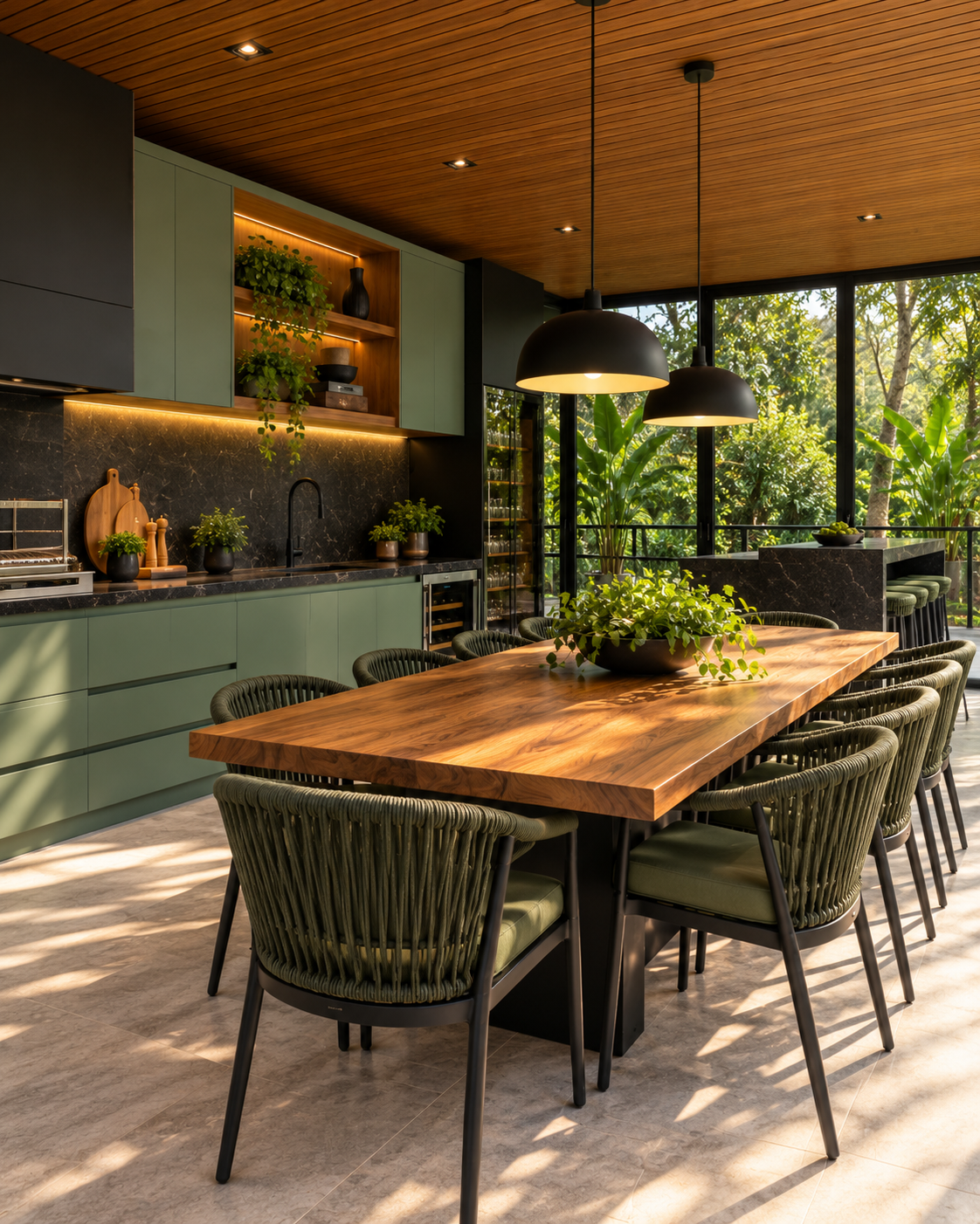 Mesa de jantar e mobiliário contemporâneo em tons naturais