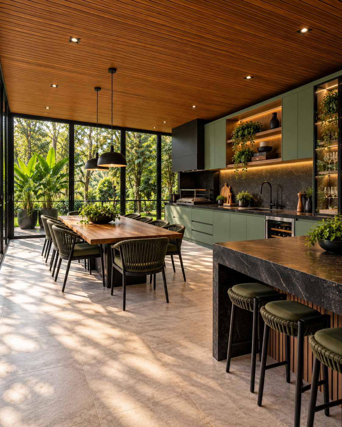 Cozinha gourmet e jantar integrados com jardim