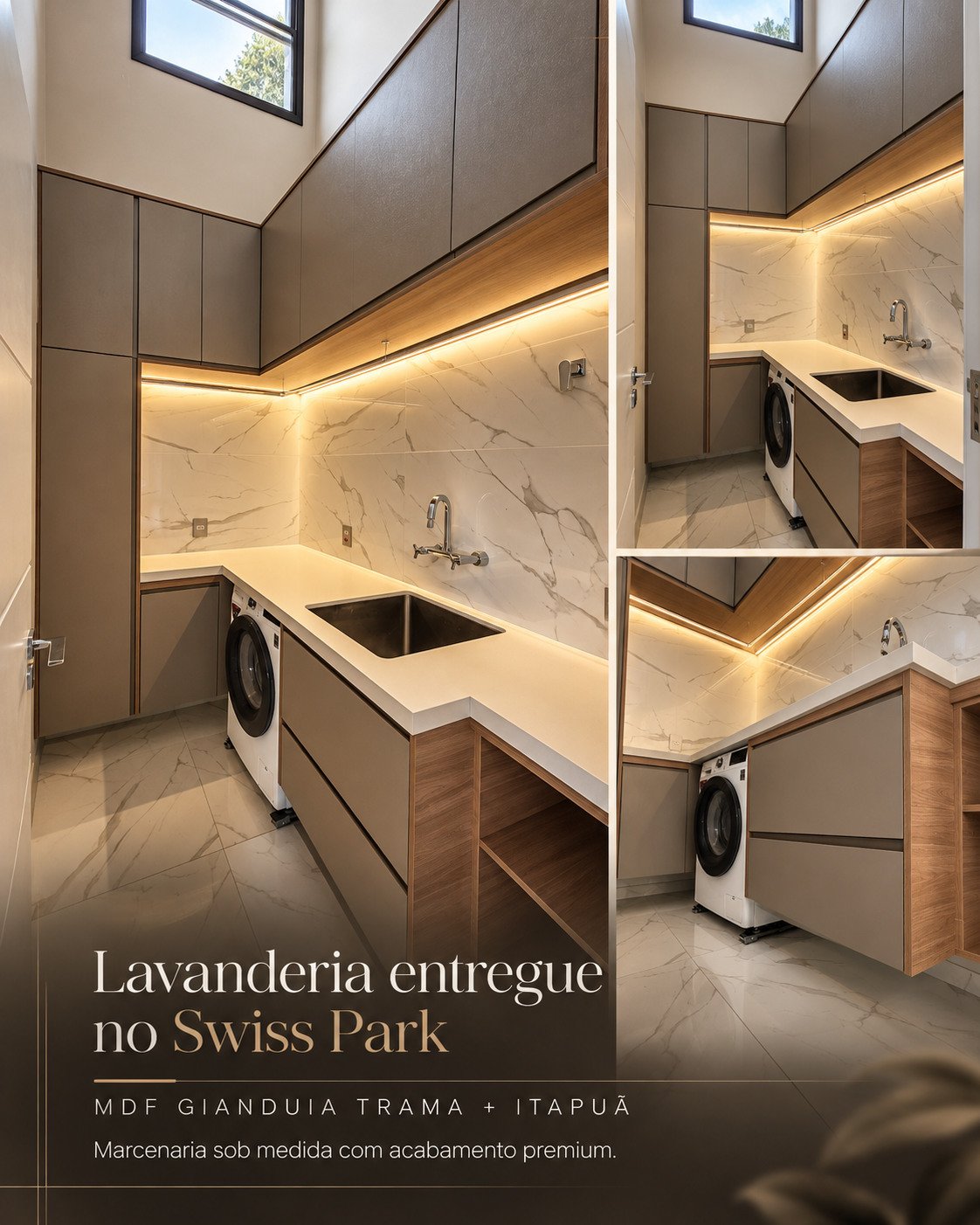 Lavanderia sob medida entregue no Swiss Park, Campinas, em MDF Gianduia Trama e Itapuã, marcenaria com iluminação LED quente.