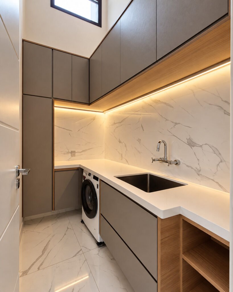 Lavanderia executada no Swiss Park com MDF Gianduia Trama e Itapuã e iluminação LED quente