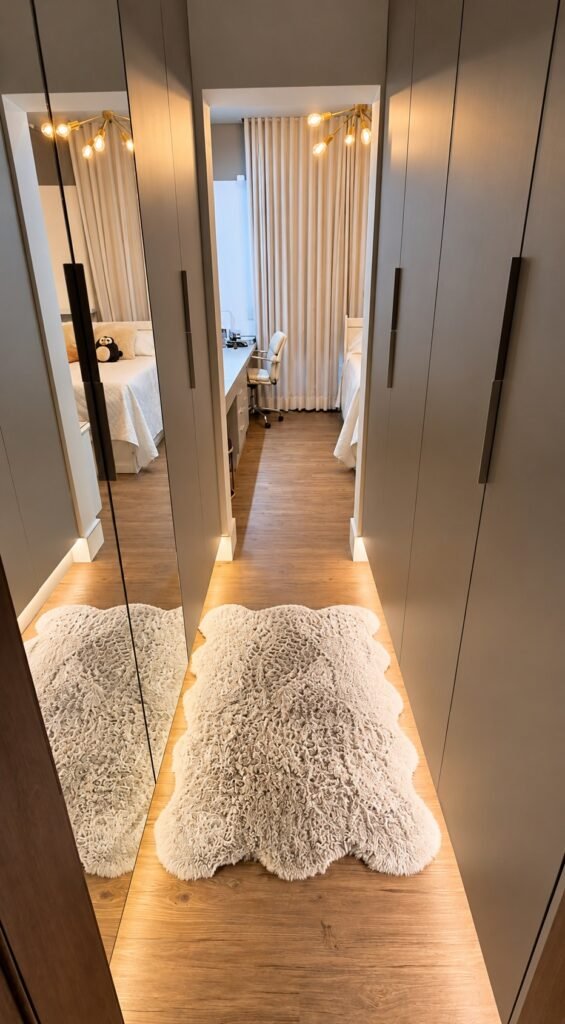 Closet em Cinza Sagrado com portas espelhadas e LED no Swiss Park Glarus.