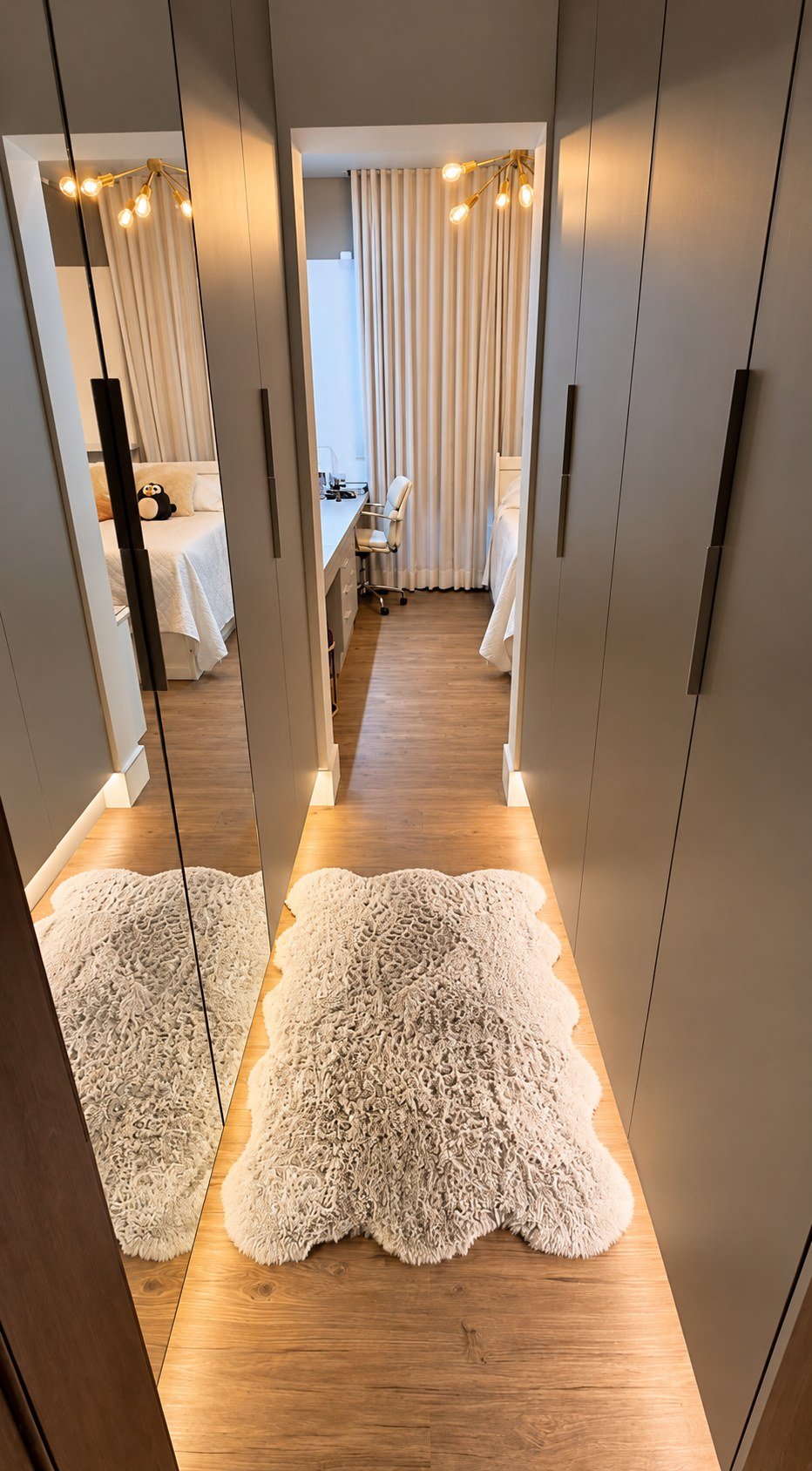 Closet em Cinza Sagrado com portas espelhadas e LED no Swiss Park Glarus.